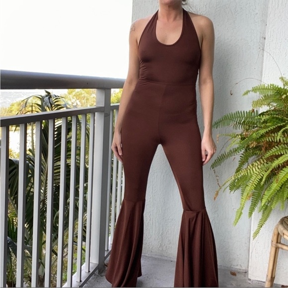 Chocolate Brown Stretchy Halter Flare Jumpsuit - Picture 1 of 7